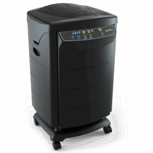 An air purifier with a digital control panel and wheels.