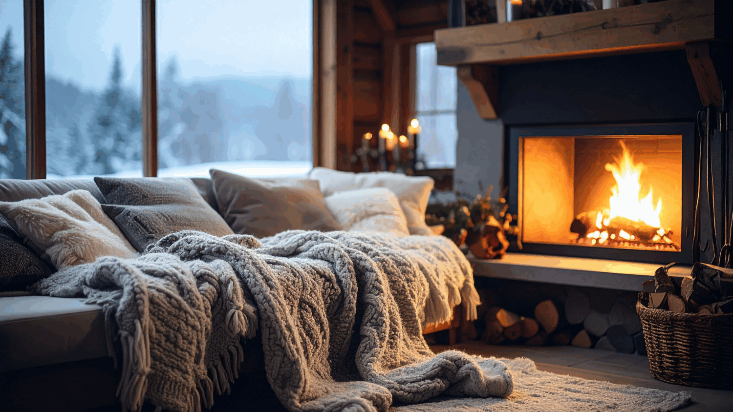 A cozy living room with a fireplace burning, contrasting the warm interior with the cold, snowy scene outside the window.