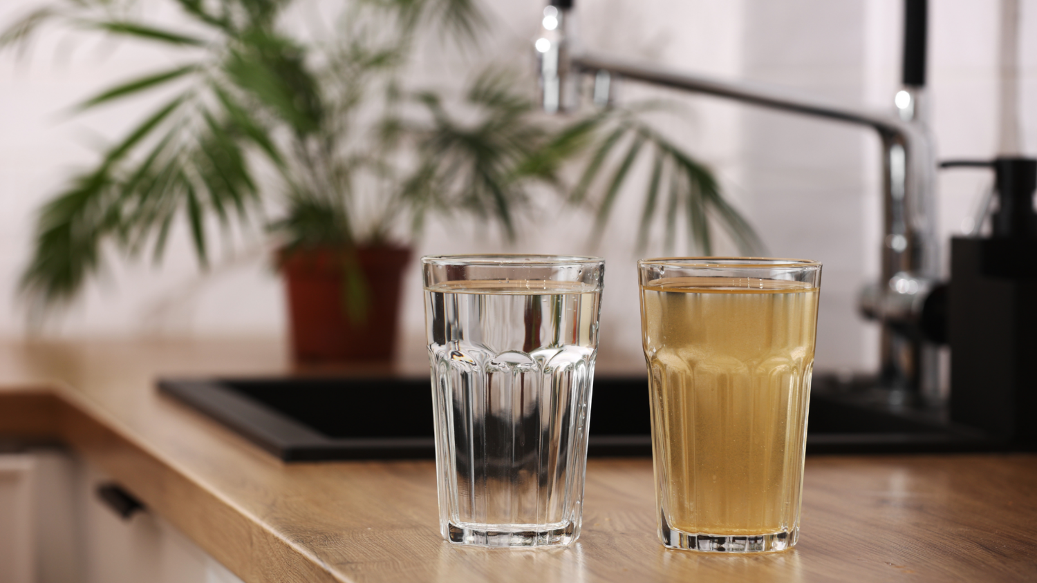 Comparison of a glass of clear, filtered water on the left versus a glass of dirty, yellowish water on the right.